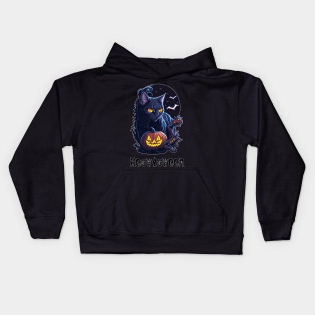 Meowloween Black Cat & Pumpkin - Happy Halloween! Kids Hoodie by Cattingthere